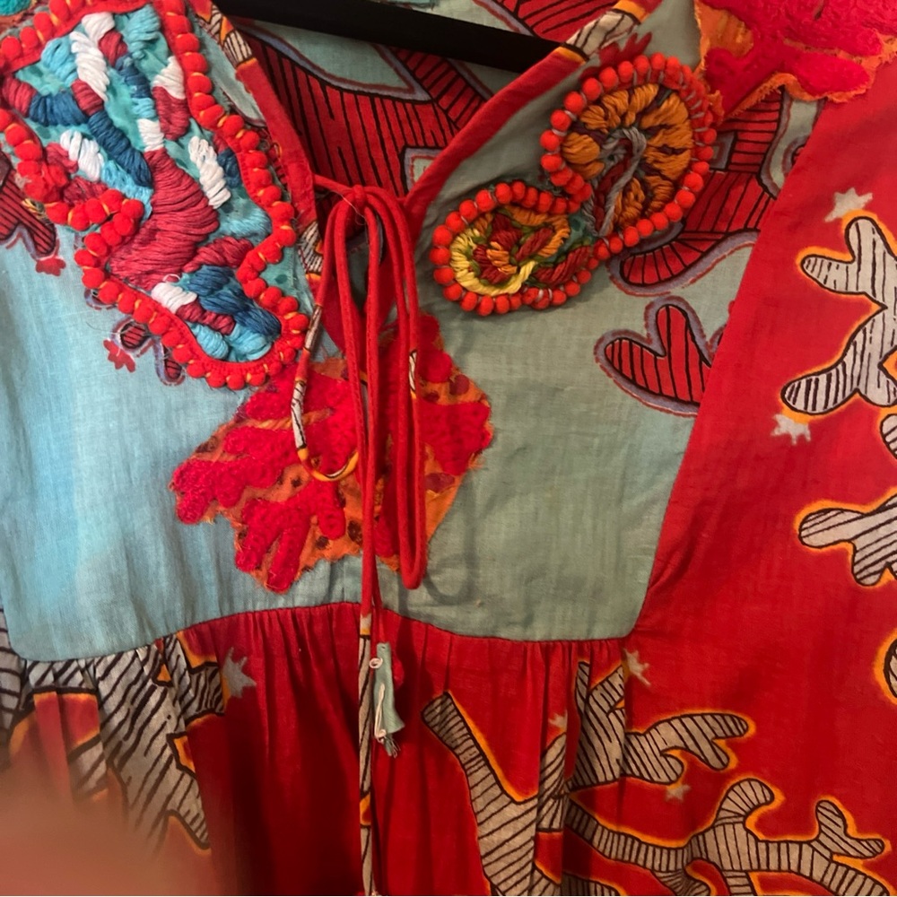 Antica Sanatoria Italian Blouse With Pom Poms , Fringe And Flared Sleeves - Picture 3 of 7